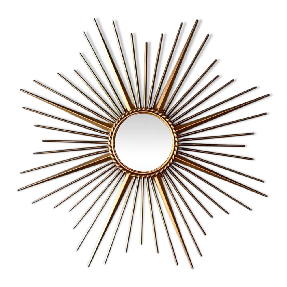 Miroir Soleil en Métal Doré à Miroir Bombé de Chaty Vallauris. Travail Fran