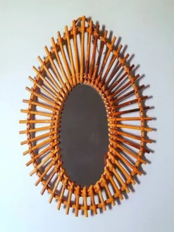 Miroir soleil en rotin 1960