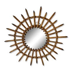 Miroir soleil en rotin années 60-70