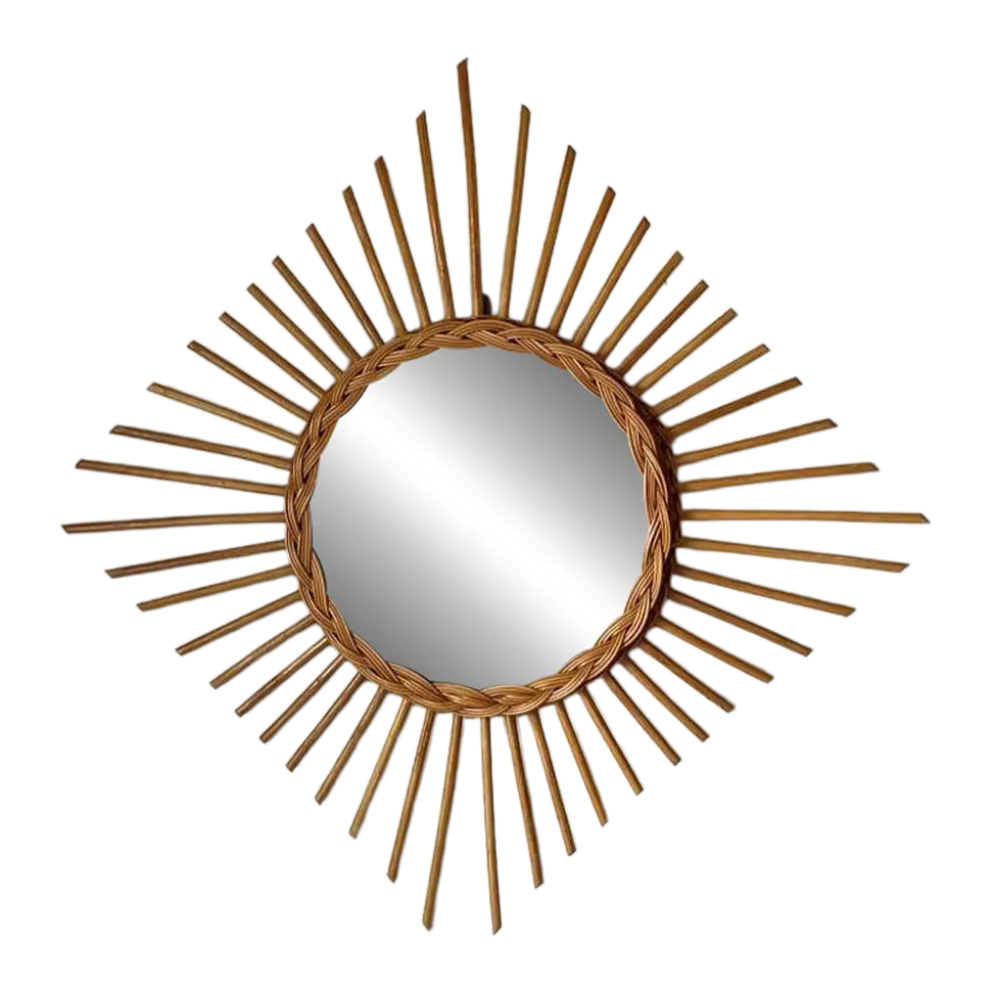Miroir soleil losange en rotin – France, années 60