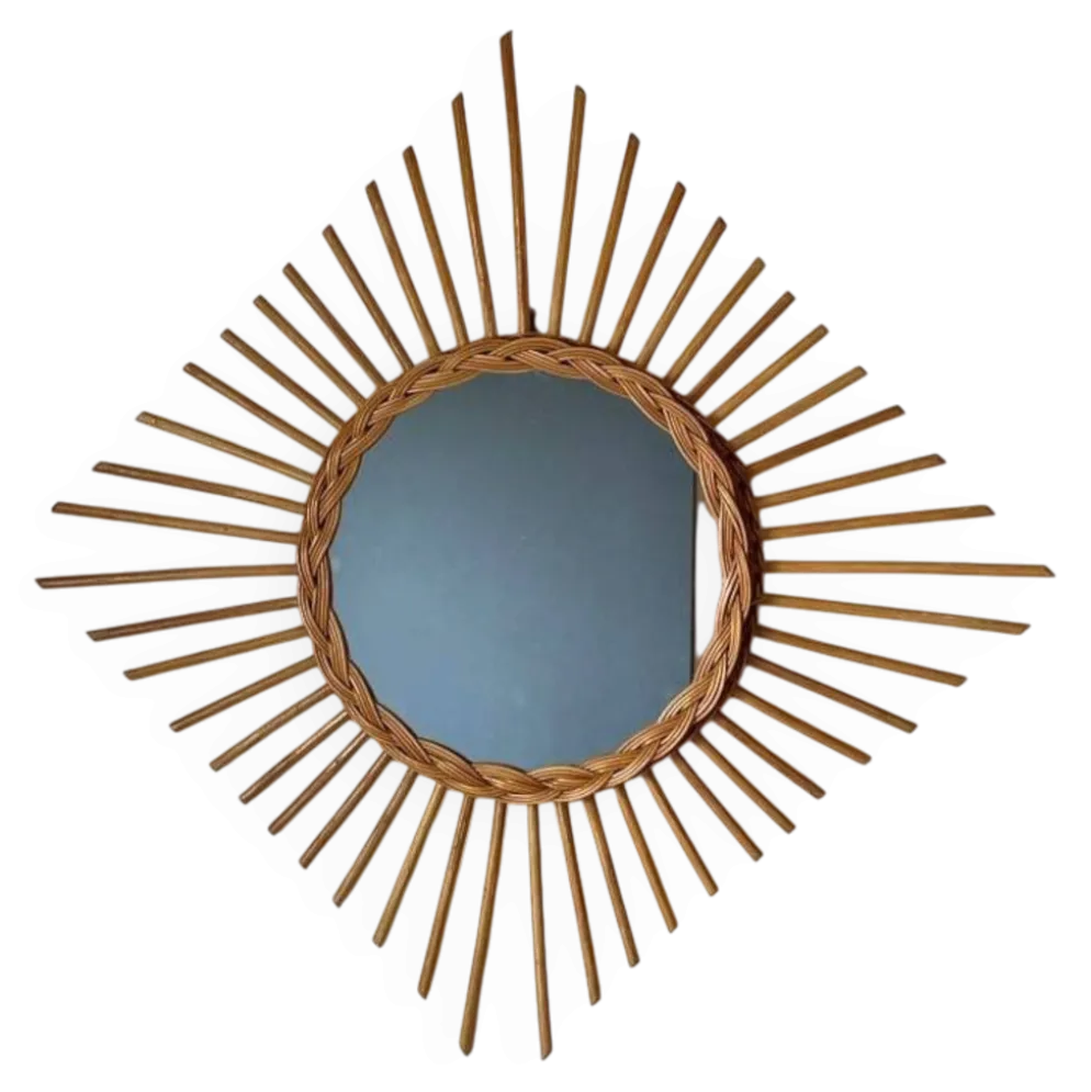 Miroir soleil losange en rotin – France, années 60