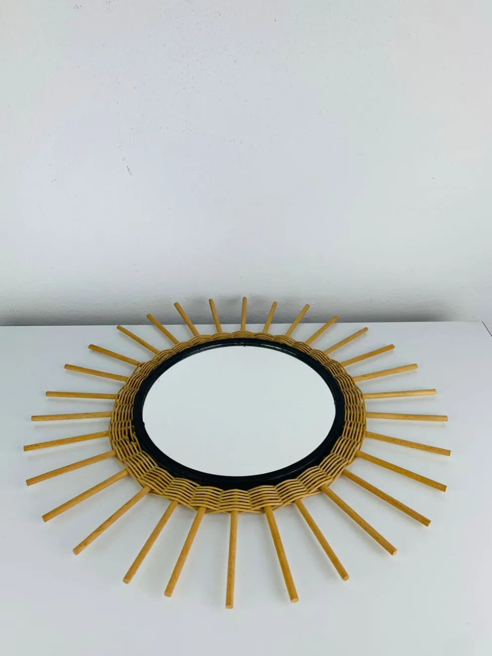 Miroir soleil rotin années 60, vintage