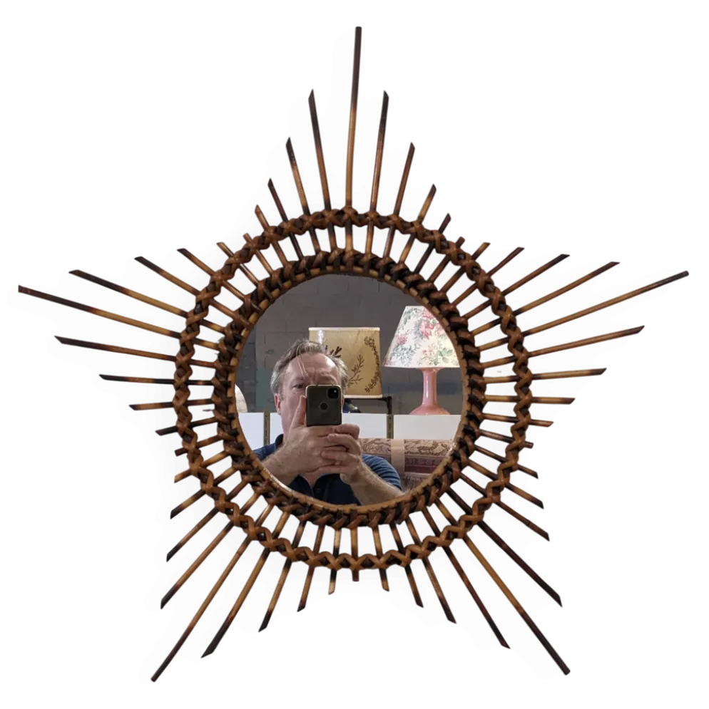 Miroir soleil étoilé en rotin, France vers 1960