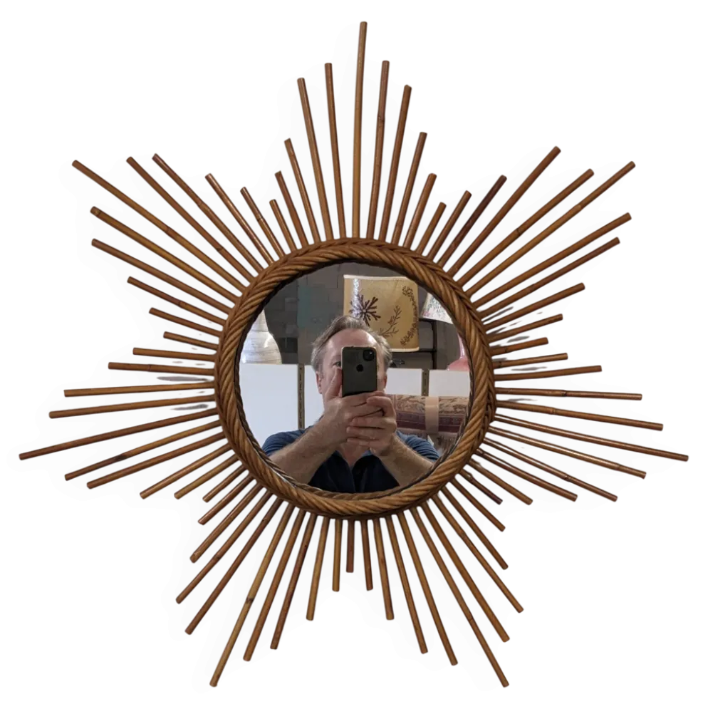 Miroir soleil étoilé XL en rotin, France vers 1970
