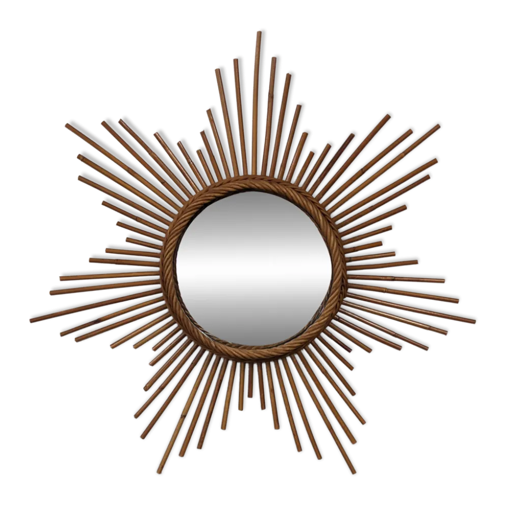 Miroir soleil étoilé XL en rotin, France vers 1970