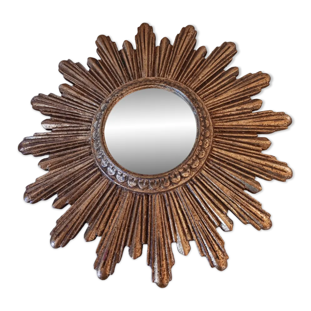 Miroir soleil vintage , en bois doré .