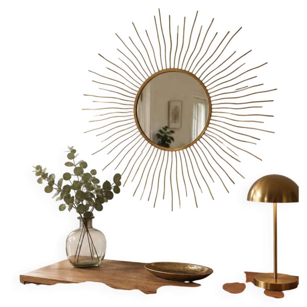 Miroir soleil vintage en métal doré – 70 cm