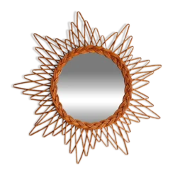 Miroir soleil vintage en rotin tressé
