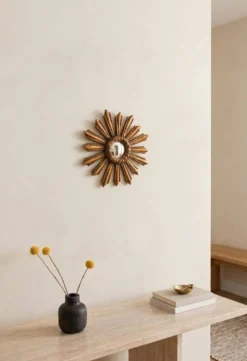 Miroir soleil vintage œil de sorcière en bois doré (39 cm)