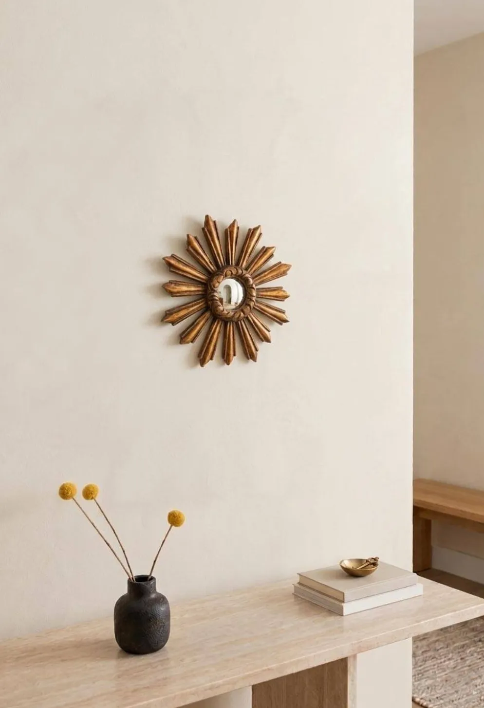 Miroir soleil vintage œil de sorcière en bois doré (39 cm)