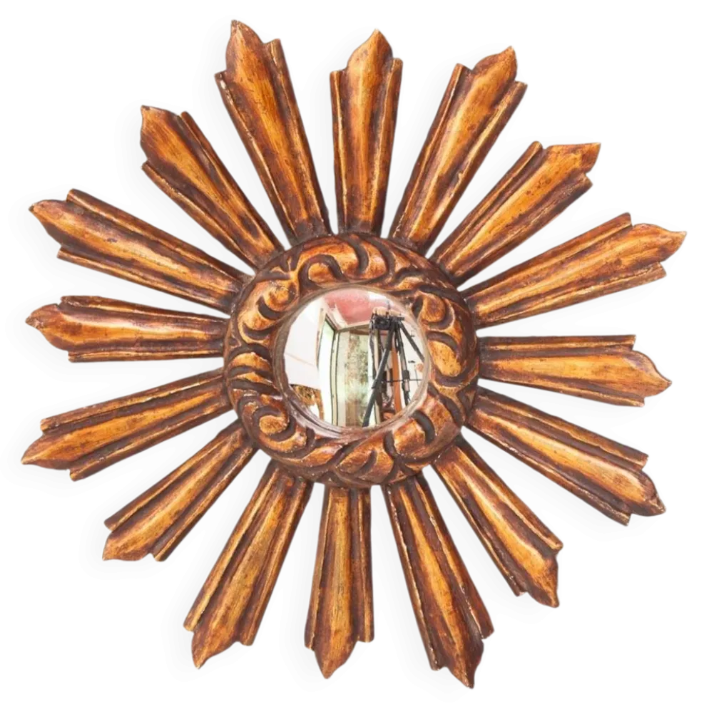 Miroir soleil vintage œil de sorcière en bois doré (39 cm)