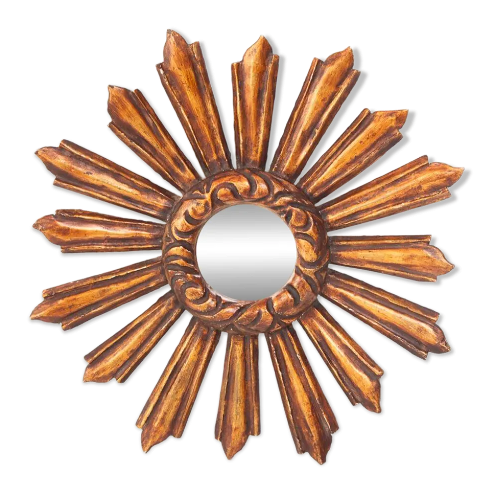 Miroir soleil vintage œil de sorcière en bois doré (39 cm)