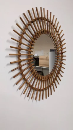Miroir soleil XL en rotin, France vers 1960