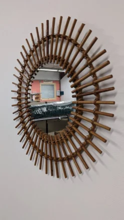Miroir soleil XL en rotin, France vers 1960