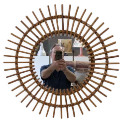 Miroir soleil XL en rotin, France vers 1960