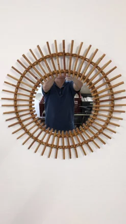 Miroir soleil XL en rotin, France vers 1960