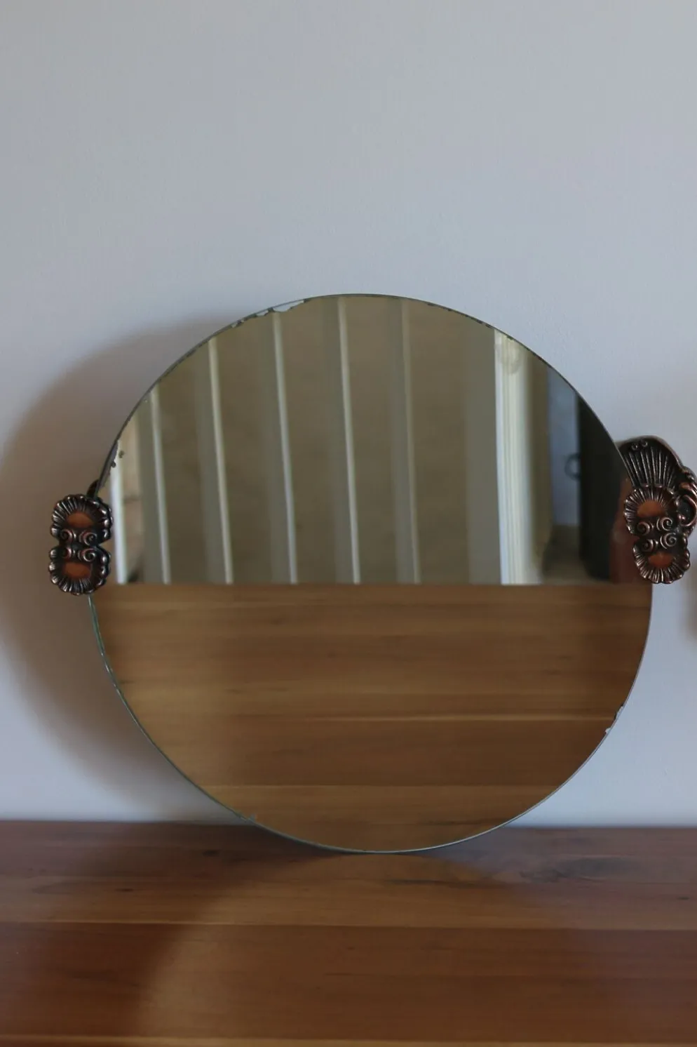 2 miroirs ronds alliage en cuivre, années 40-50