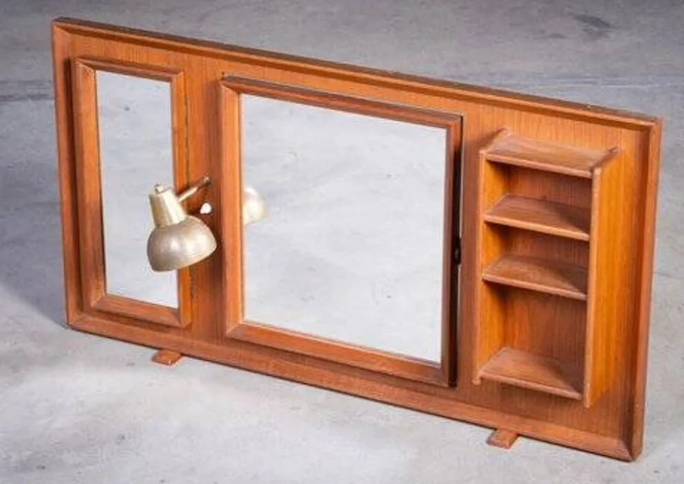 Miroir sur pied en teck vintage avec lampe, années 1960