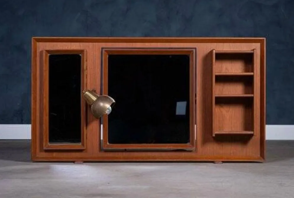 Miroir sur pied en teck vintage avec lampe, années 1960