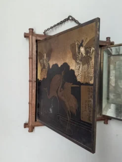Miroir triptyque décor asiatique antique chaînette décoration murale bois