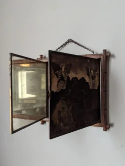 Miroir triptyque décor asiatique antique chaînette décoration murale bois