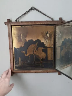 Miroir triptyque décor asiatique antique chaînette décoration murale bois