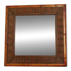 Miroir vintage carré en bambou et rotin boho 70 cm