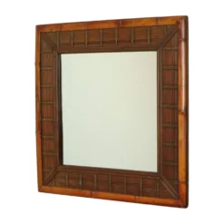 Miroir vintage carré en bambou et rotin boho 70 cm