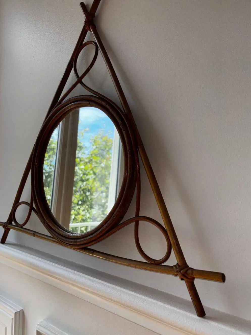 Miroir vintage en bambou et rotin – années 1950