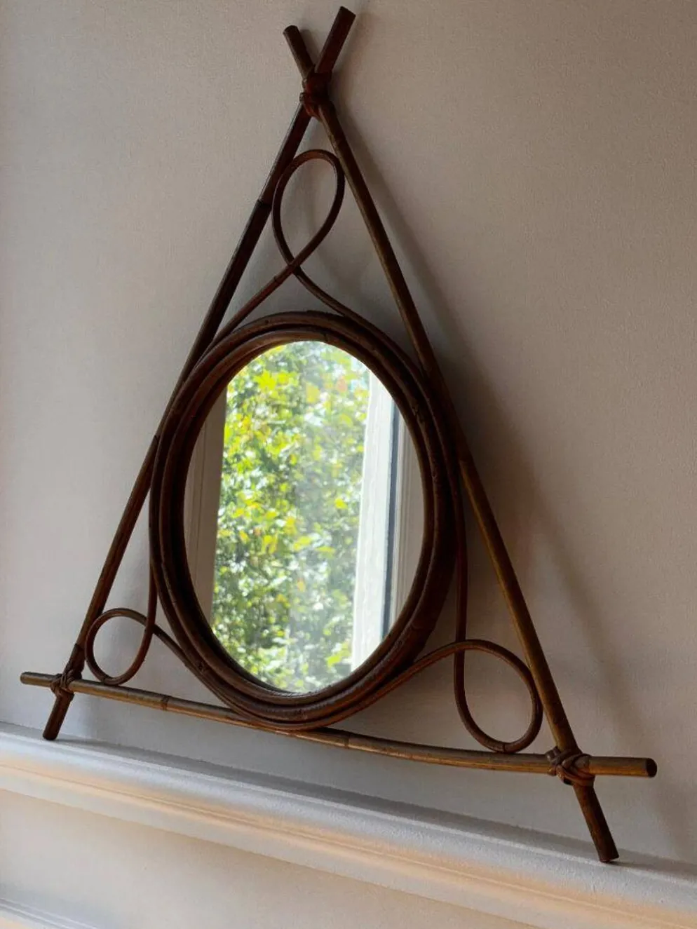 Miroir vintage en bambou et rotin – années 1950