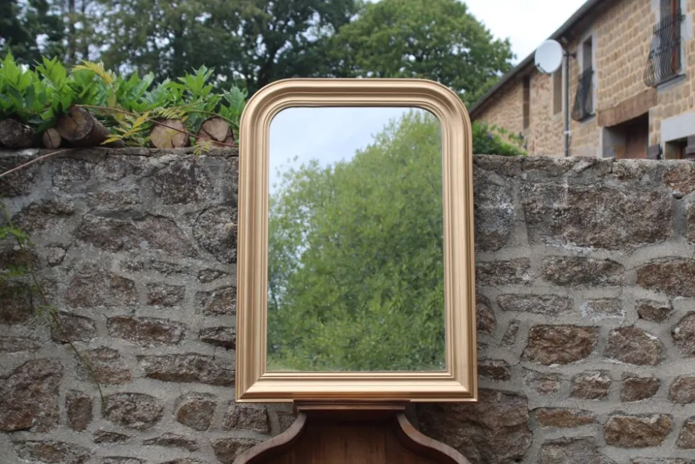 Miroir vintage en bois doré champagne – style Louis-Philippe – 86 × 62 cm