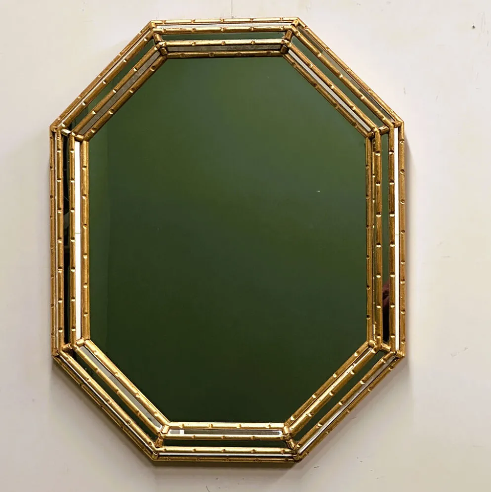 Miroir vintage en faux bambou doré, années 1980