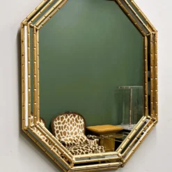 Miroir vintage en faux bambou doré, années 1980