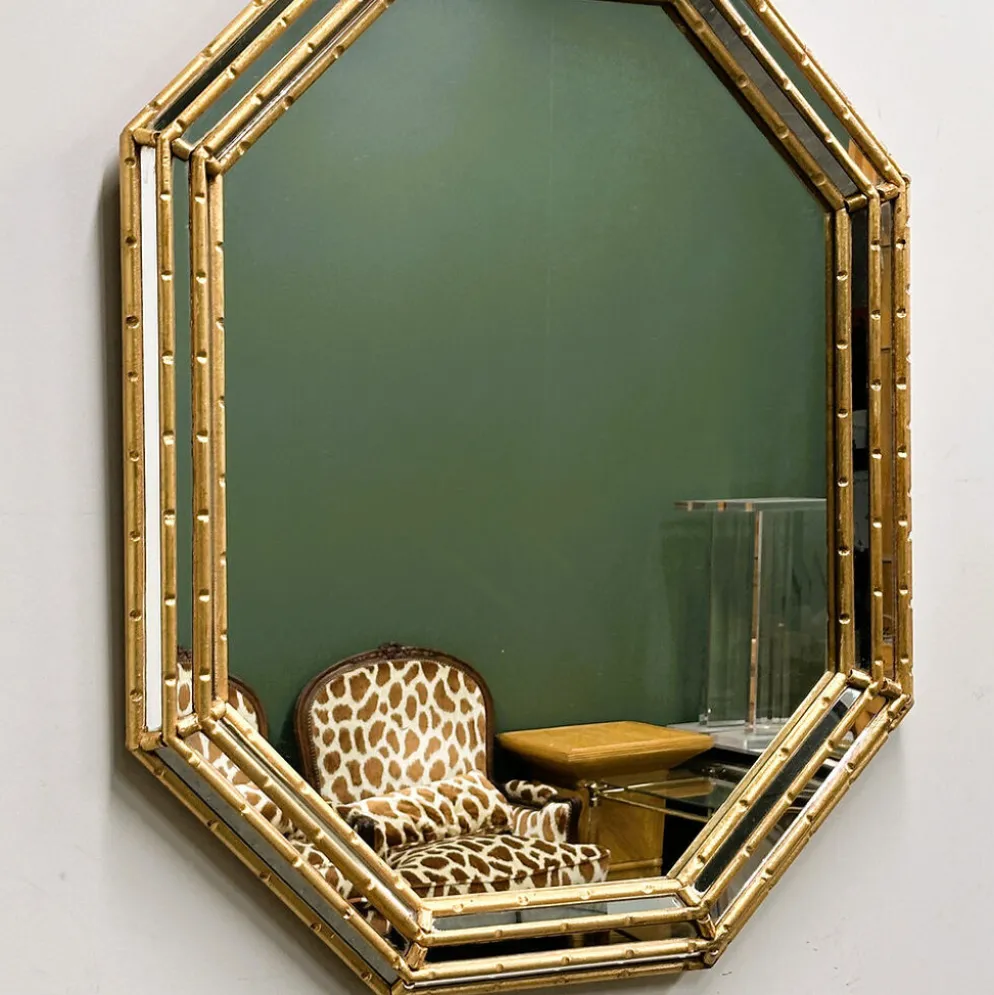 Miroir vintage en faux bambou doré, années 1980