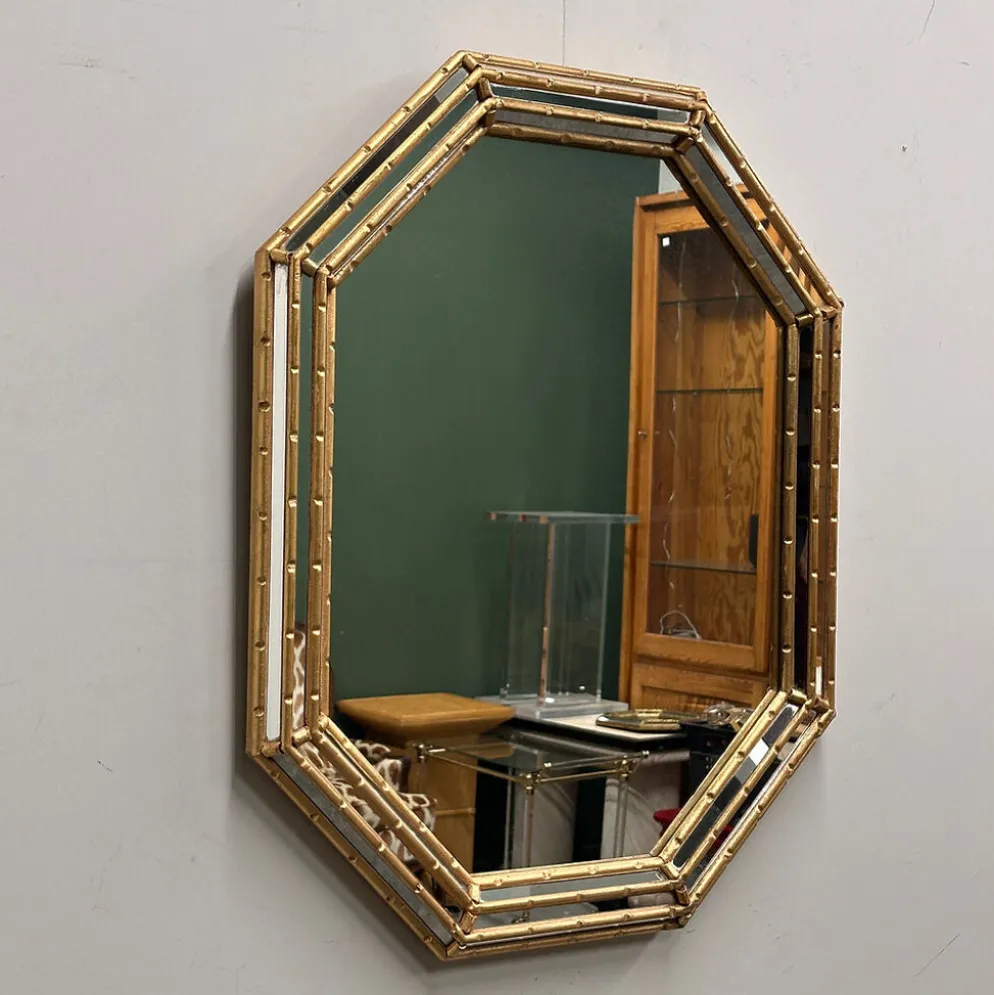Miroir vintage en faux bambou doré, années 1980