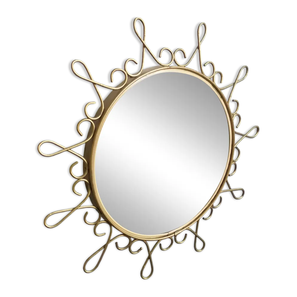 Miroir vintage en métal doré avec effet convexe des années 70