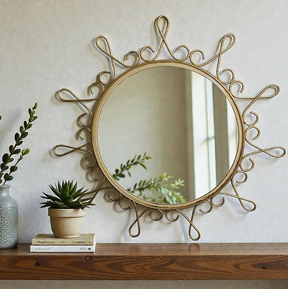 Miroir vintage en métal doré avec effet convexe des années 70