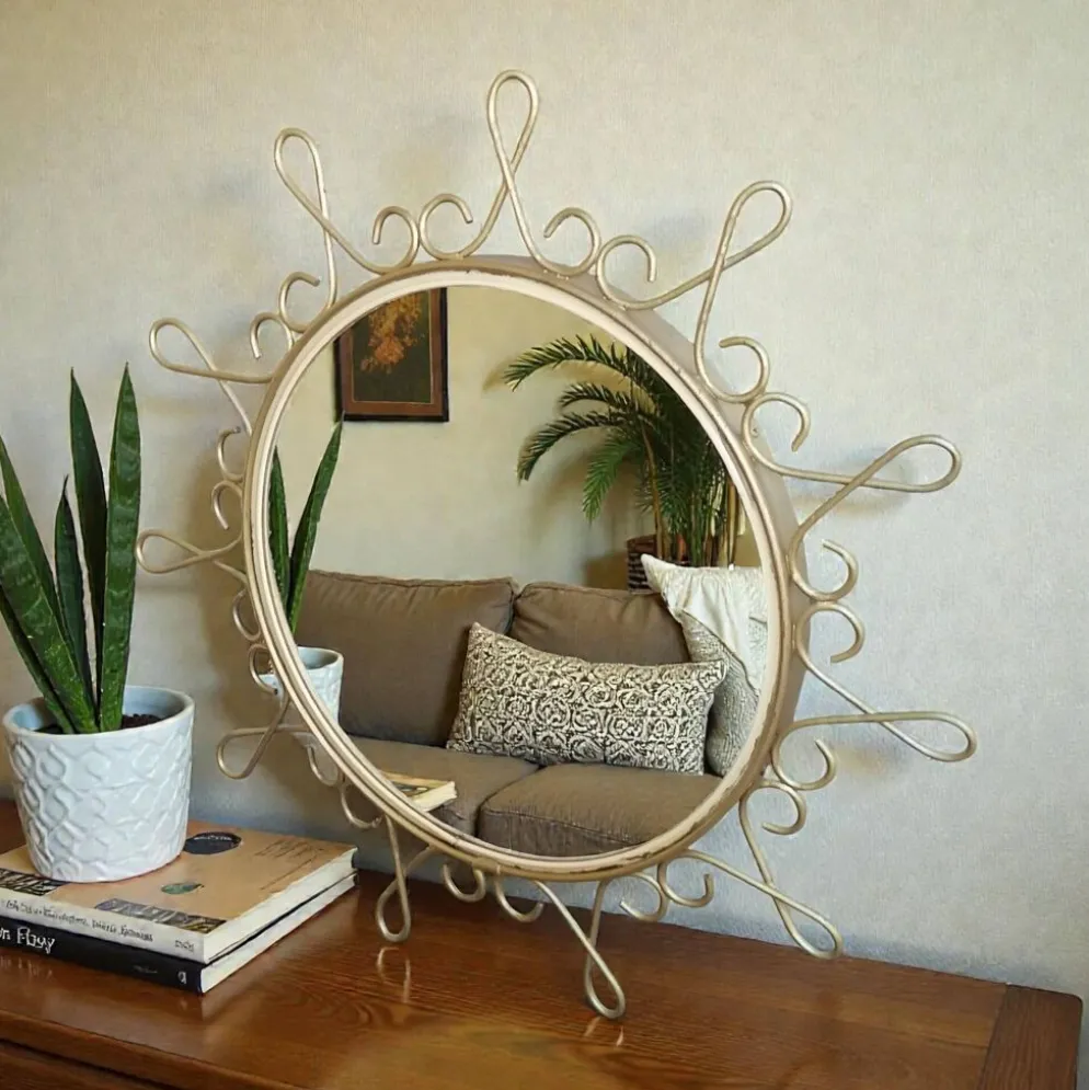 Miroir vintage en métal doré avec effet convexe des années 70