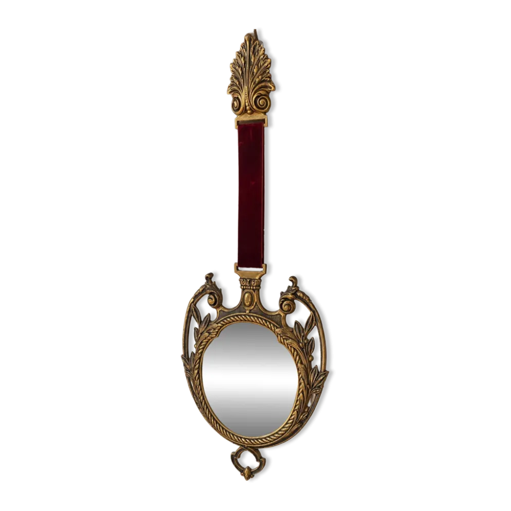 Miroir vintage en métal doré et velours bordeaux