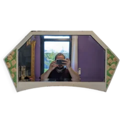 Miroir vintage géométrique à décor floral – bois peint patiné – 79 cm