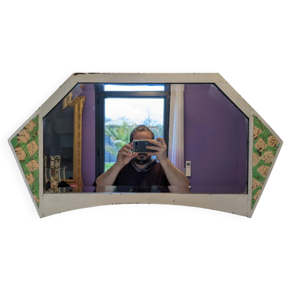 Miroir vintage géométrique à décor floral – bois peint patiné – 79 cm