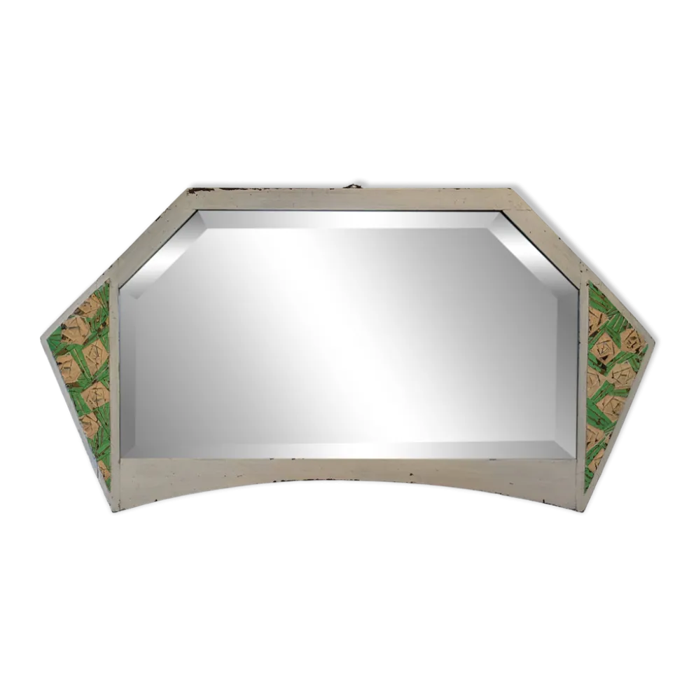 Miroir vintage géométrique à décor floral – bois peint patiné – 79 cm