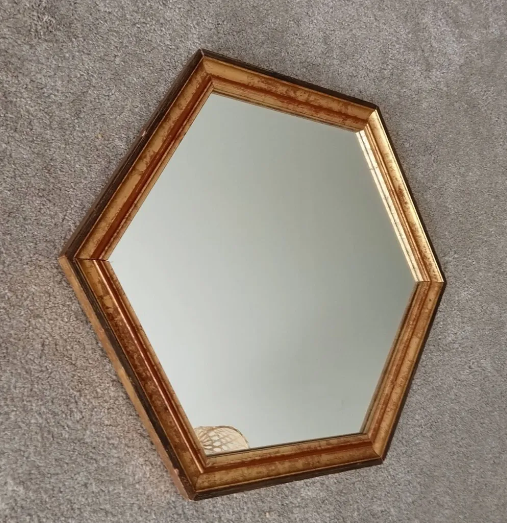 Miroir vintage hexagonale bohème chic en bois doré
