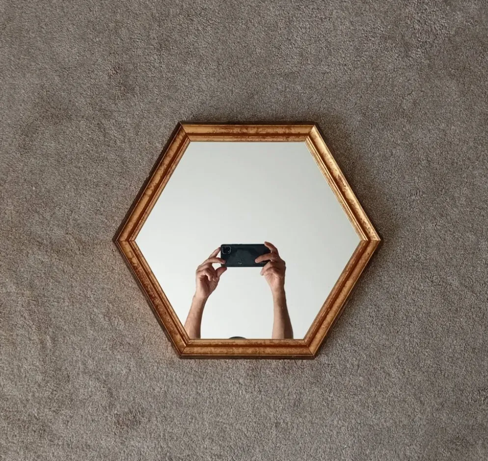 Miroir vintage hexagonale bohème chic en bois doré