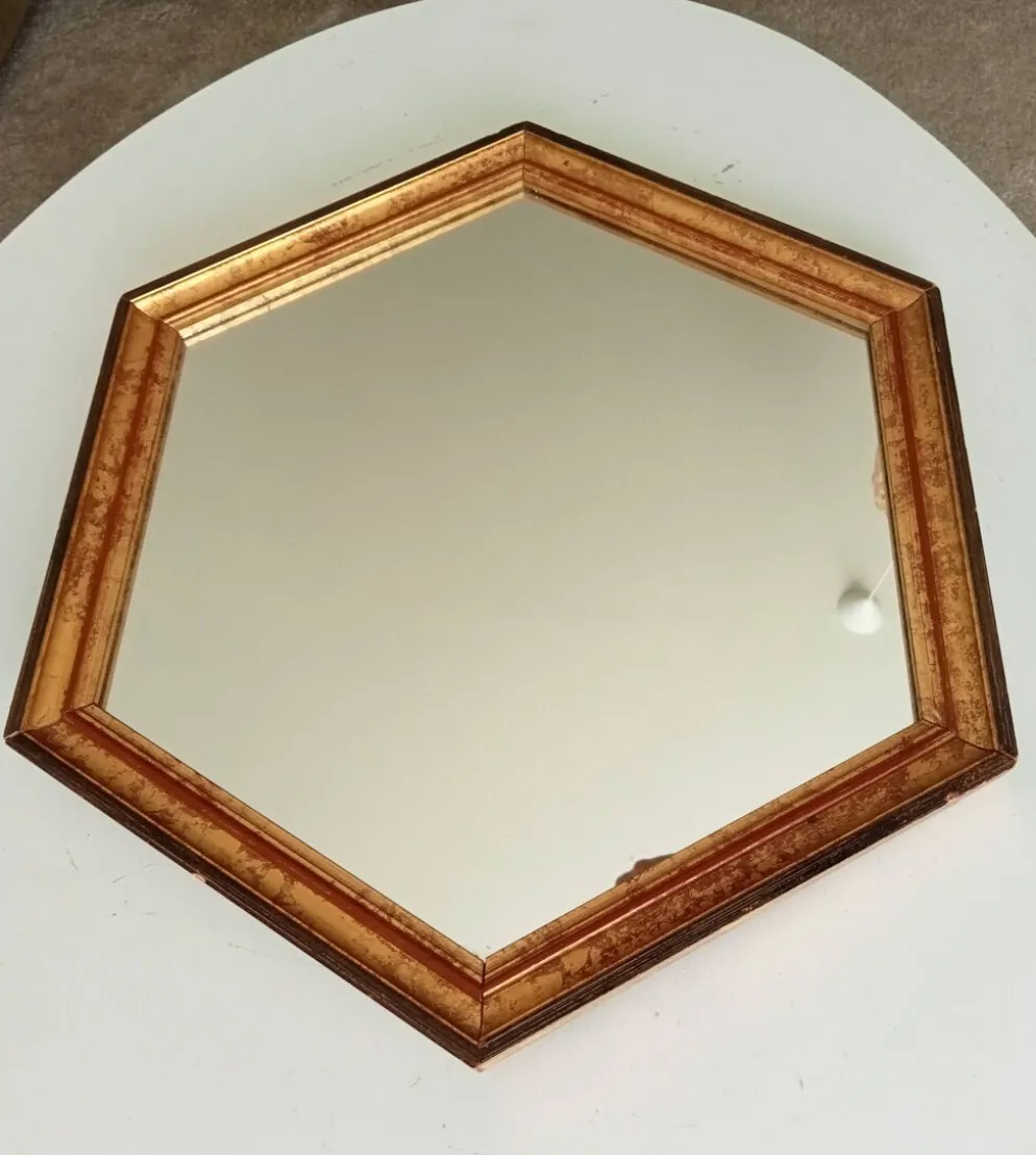 Miroir vintage hexagonale bohème chic en bois doré