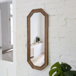 Miroir vintage octogonal bois massif nervuré entrée salle de bain chambre