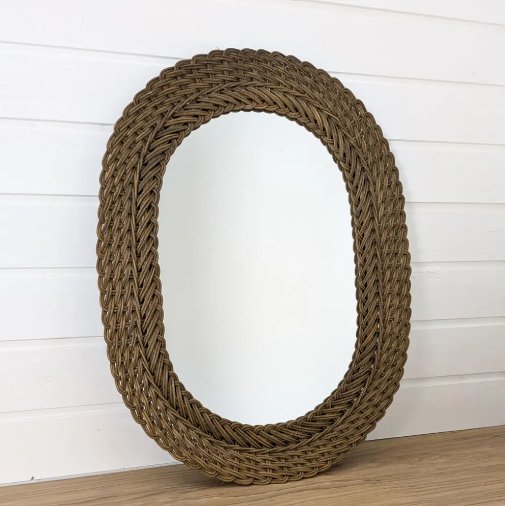 Miroir vintage ovale en osier tressé style bohème