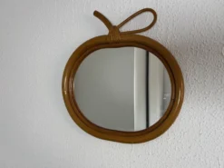 Miroir vintage 1960 pomme rotin osier bambou - 32 x 33 cm