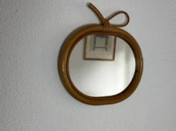 Miroir vintage 1960 pomme rotin osier bambou - 32 x 33 cm