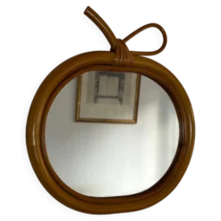 Miroir vintage 1960 pomme rotin osier bambou - 32 x 33 cm